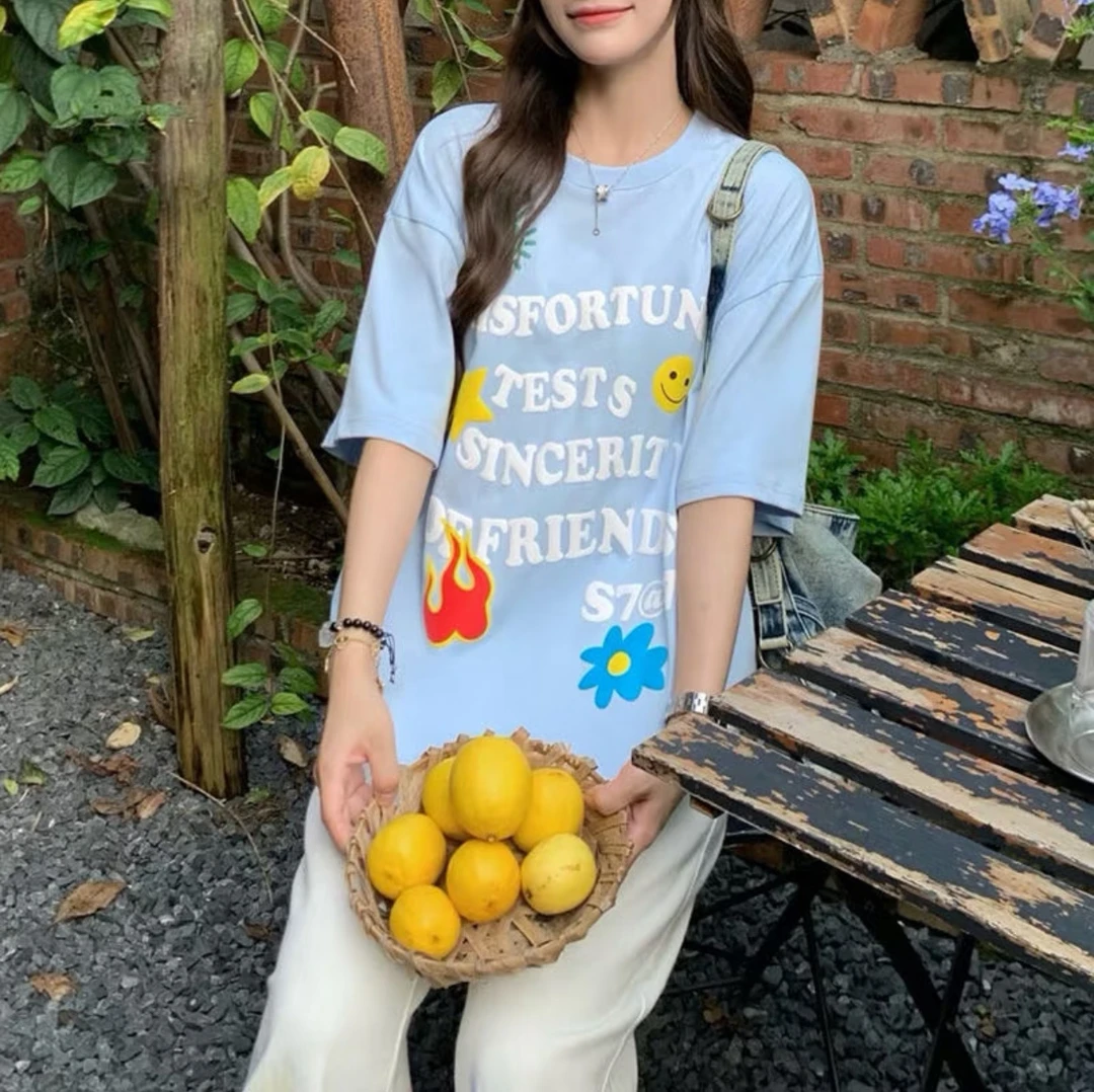 番茄园 多巴胺太阳字母发泡印花T恤DX232