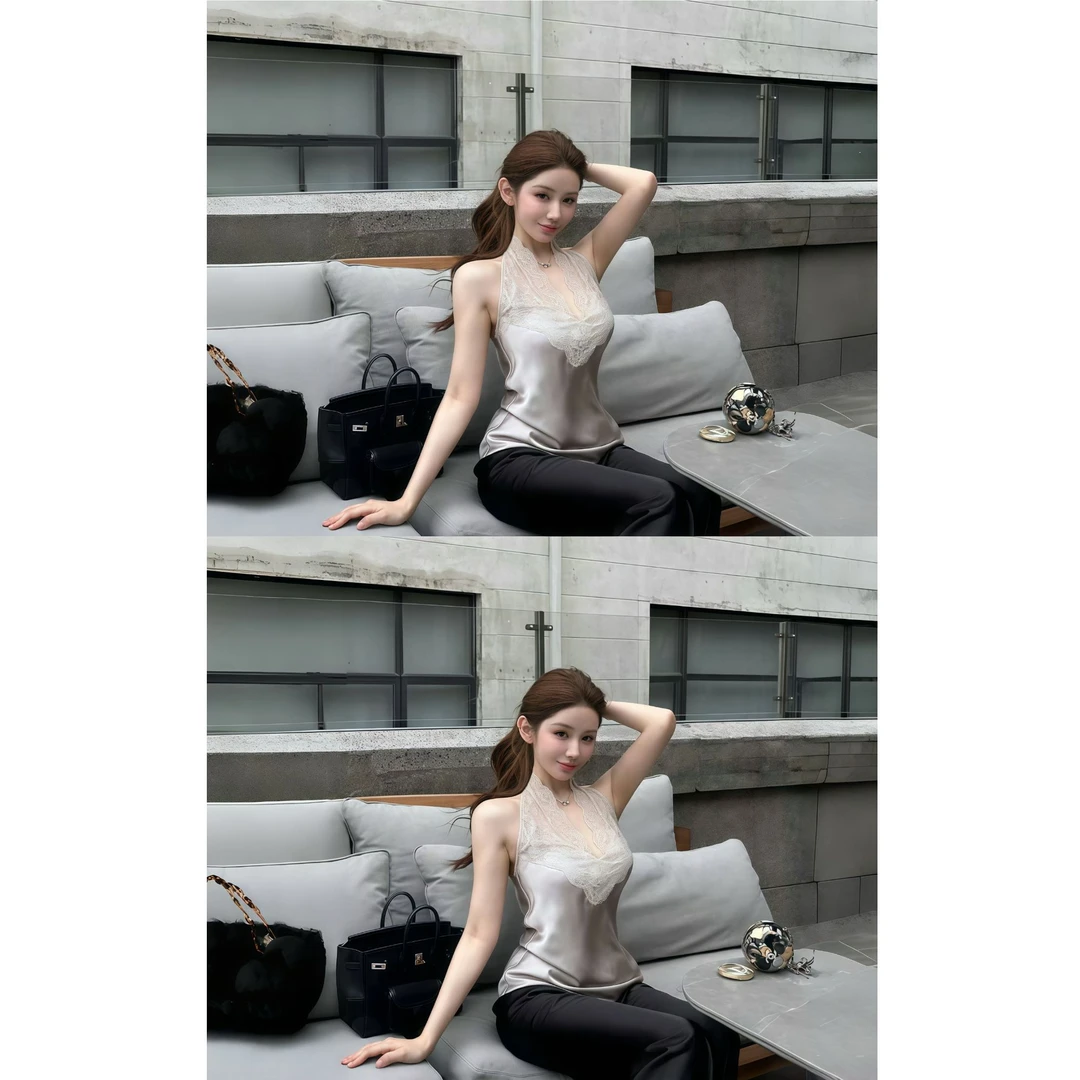 韩系气质女神2025夏季性感蕾丝拼接缎面挂脖上衣配垂感裤子两件套