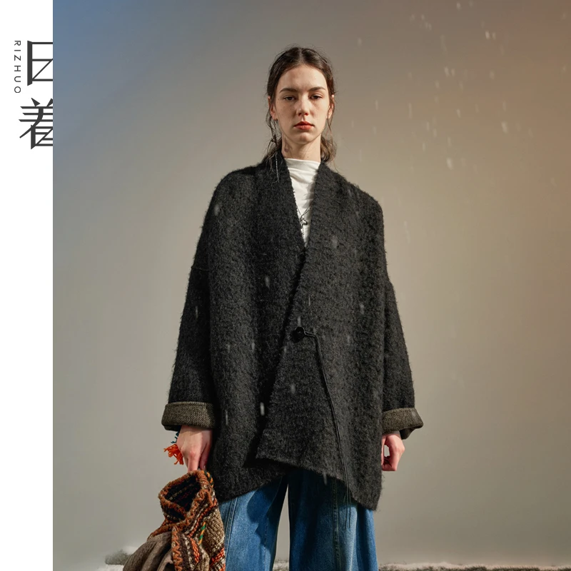 日着侠一匹风毛呢外套2025秋新款限量高级慵懒黑色大衣女RD8530D1