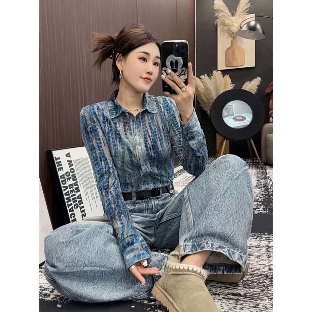 欧洲站蓝色POLO领气质衬衫女装2025夏季新款独特别致个性潮流上衣