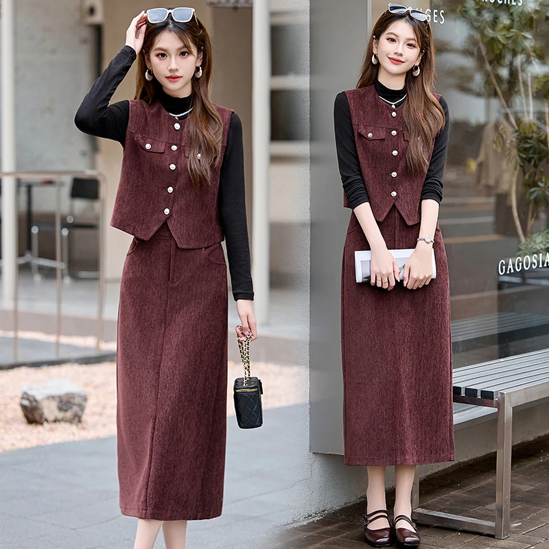 小香风套装女2025初秋新款显瘦气质女人味马甲半身裙三件套职业装