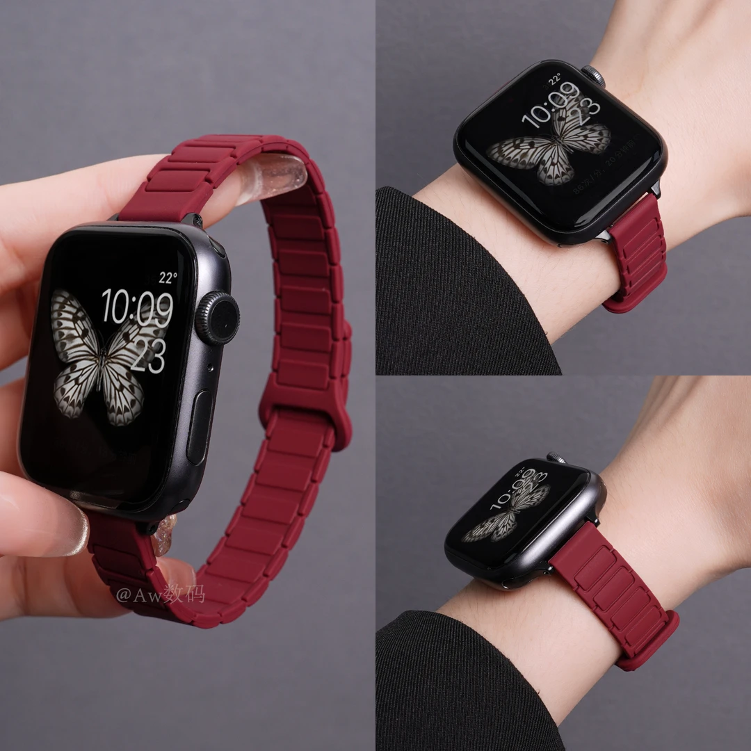 AW适用s11苹果S10手表iwatch表带applewatchs9s8磁吸硅胶酒红表带