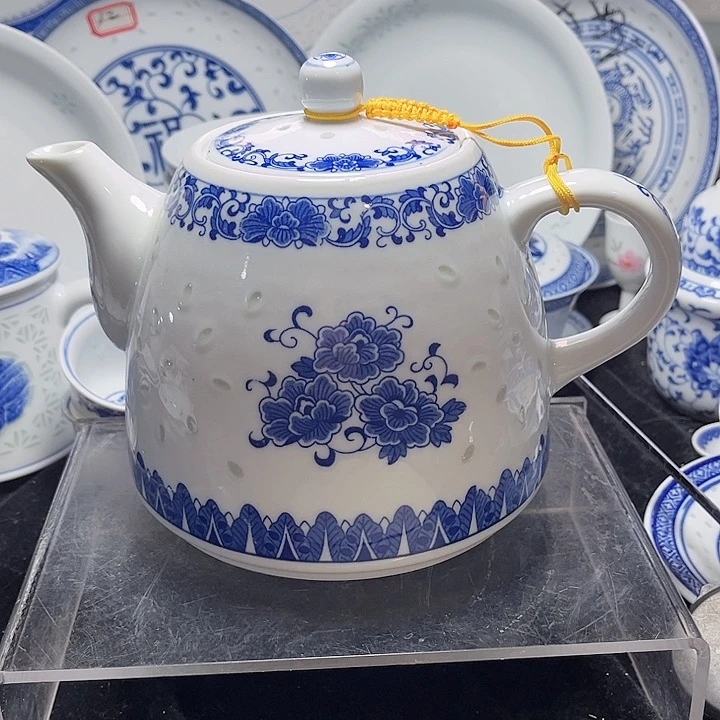 碗青花玲珑1.5升牡丹花茶壶