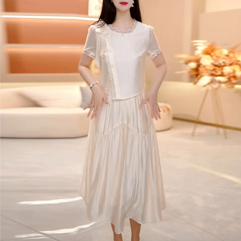 高档短袖假两件连衣裙女2025新款夏季洋气妈妈款遮肉显瘦纯色裙子