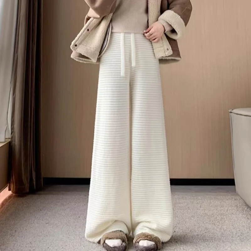 粉色软糯加厚抽绳针织阔腿裤女秋冬仿水貂绒直筒裤条纹宽松裤子潮