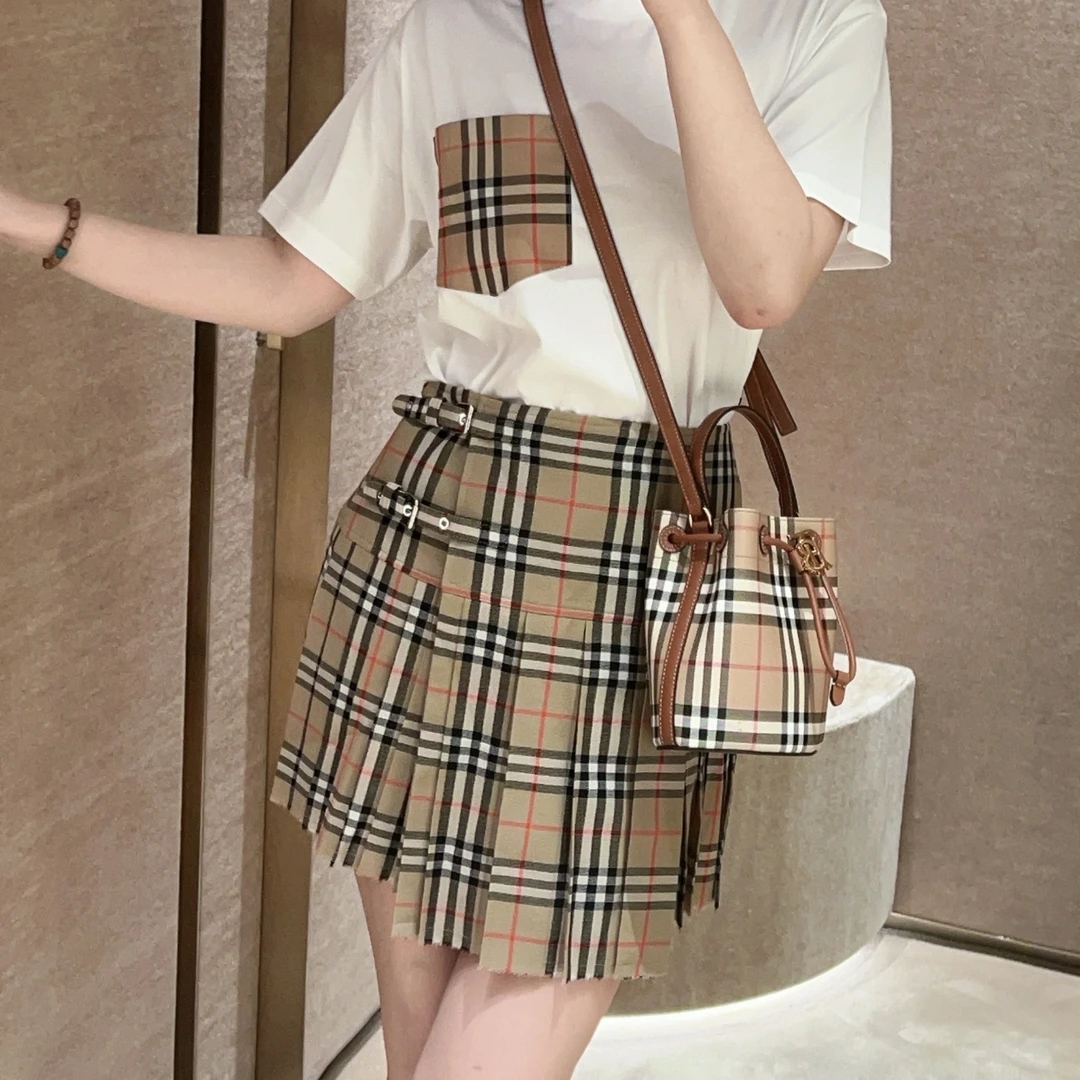 99新 BURBERRY/博柏利 棕色格纹绵羊毛短裙36码 周洁琼同款H10685