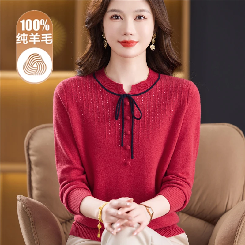 100%纯羊毛衫女妈妈秋冬新款圆领毛衣宽松大码针织打底衫上衣服