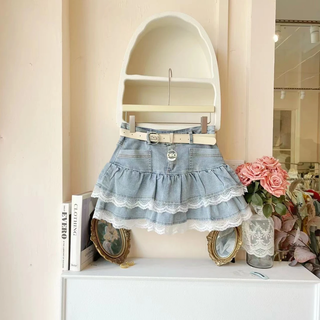 LHTE青青大码女装夏季花边牛仔短裙浅蓝色D5509