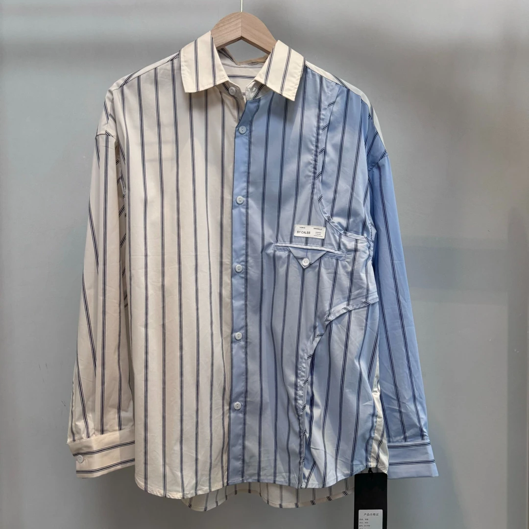 夏季新品衬衣撞色拼接条纹长袖复古美式休闲时尚SY1700Q