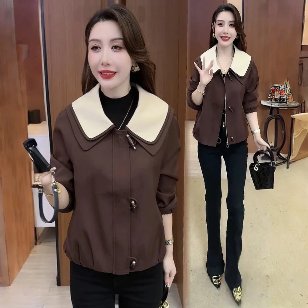 拉夏贝尔时尚短外套女2025秋季新款洋气宽松拼接翻领夹克上衣