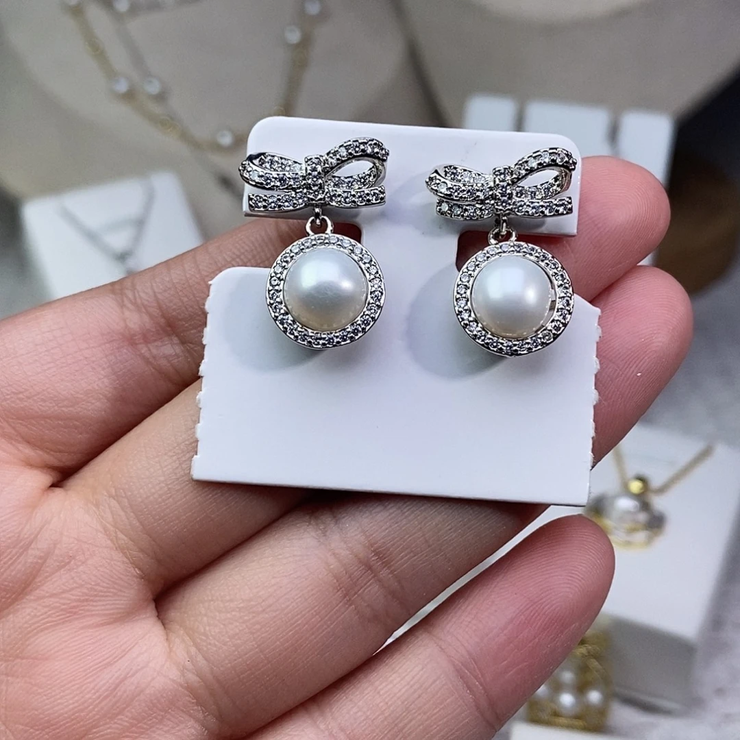 耳饰银S925镶嵌淡水珍珠