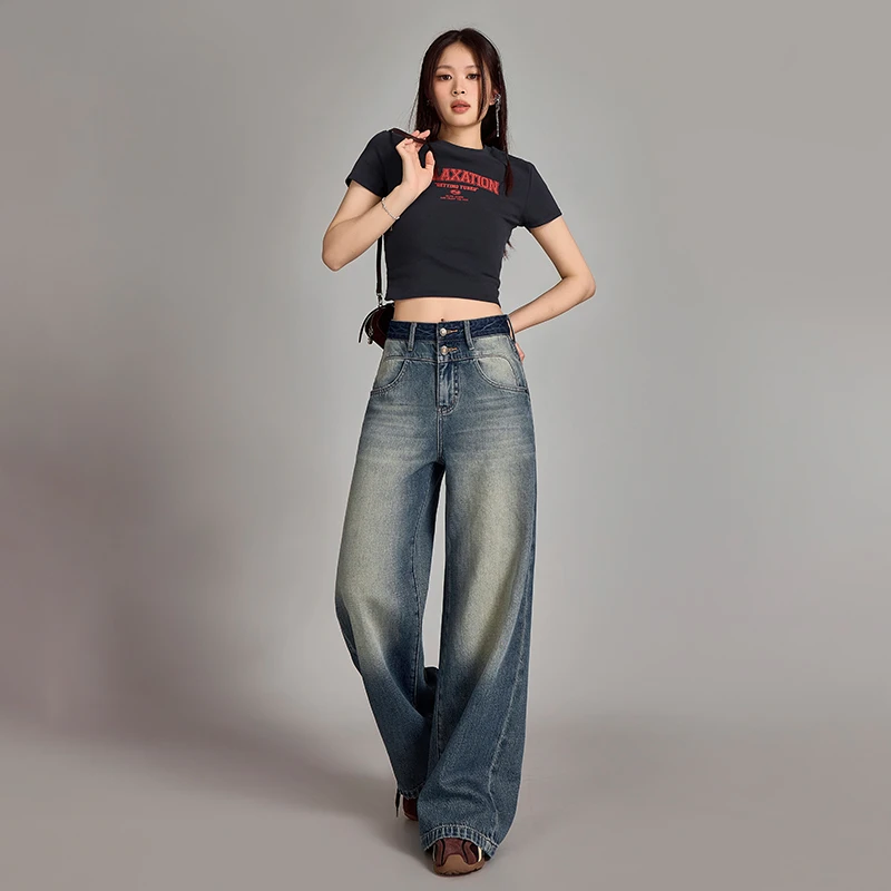 夏季原创新款阔腿牛仔裤女复古蓝高腰设计师款腰头撞色百搭阔腿裤