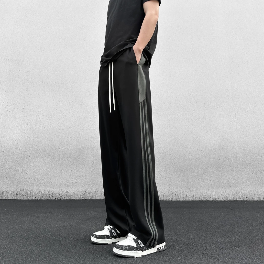 秋季美式复古麂皮绒条纹运动百搭卫裤男款宽松直筒休闲显瘦长裤子