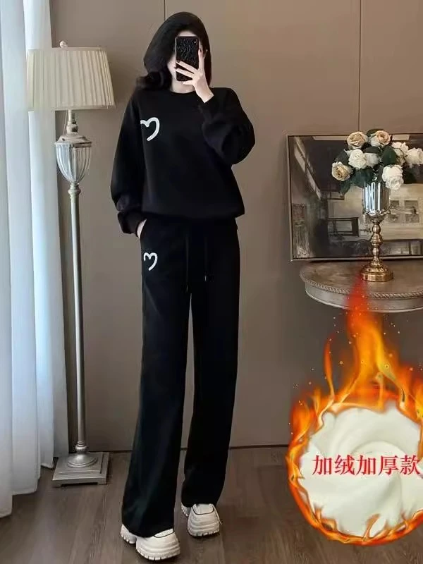 加绒加厚圆领卫衣运动套装女时尚休闲直筒裤秋冬季新款两件套