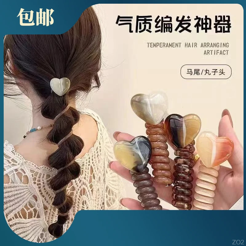 编发神器高级感新款马尾日系电话线发圈20简约泡泡辫头绳女24爱心