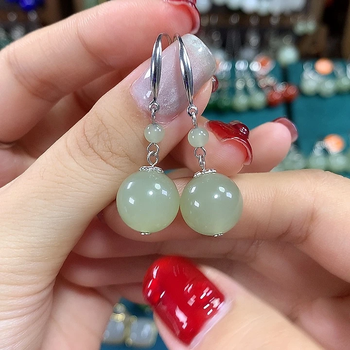 知***音和田玉银S925镶嵌耳饰天然卡12mm左右冰晴水