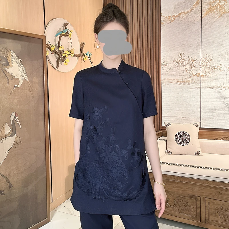 新中式国风刺绣防晒宽松短袖T恤两件套2025夏季复古上衣裤子套装