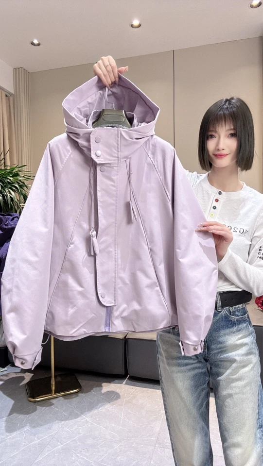 2025春季单里衬运动时尚休闲女士连帽纯色风衣冲锋衣短外套958