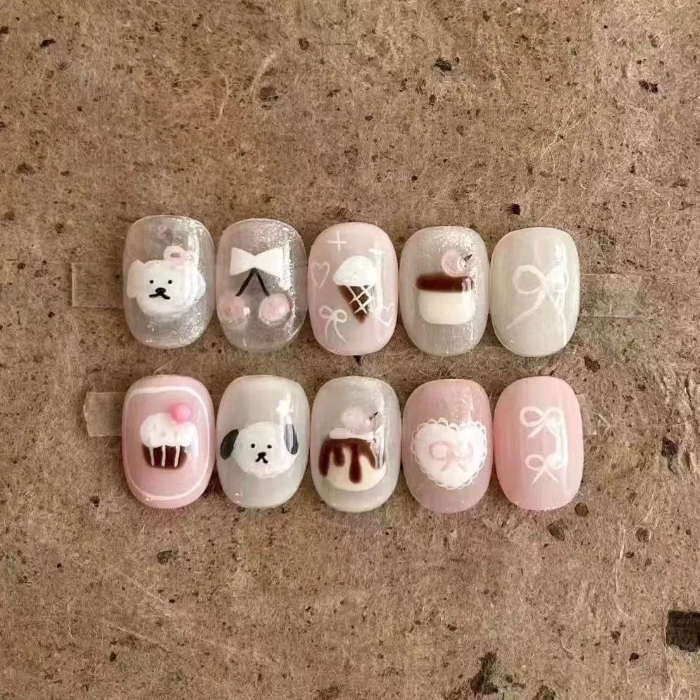 纯手工新款卡通小熊蛋糕穿戴甲粉色可爱短款蝴蝶结甜美美甲