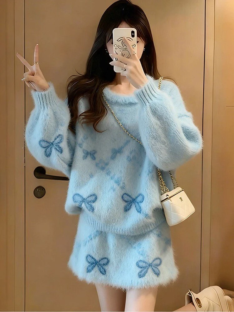 小个子秋冬温柔风套装女减龄蝴蝶结优雅显瘦气质针织衫短裙两件套