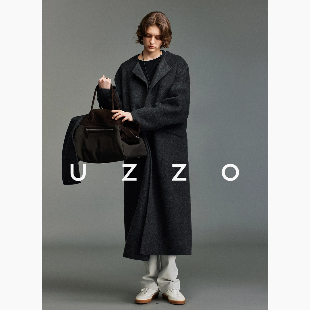 UZZOROW风极简_立裁美学 双面呢羊毛长款自带围巾 毛呢外套大衣