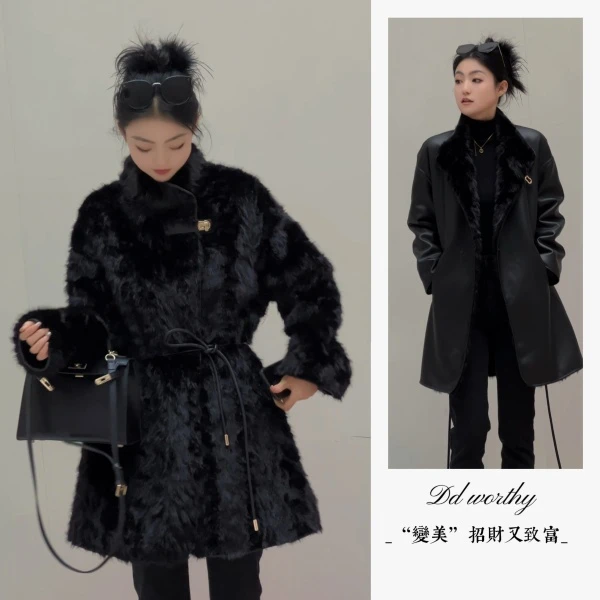 【豆豆】2025高奢黑天鹅双面双穿新款花狐貂皮草中长款大衣