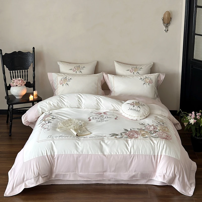 全棉被罩四件套欧式简约设计师贴布绣花被套轻奢家用纯棉床品套件
