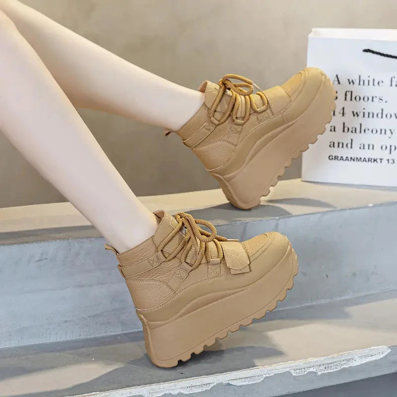 软牛皮~2025秋冬高帮鞋休闲运动鞋女时尚厚底增高款薄绒雪地靴女.