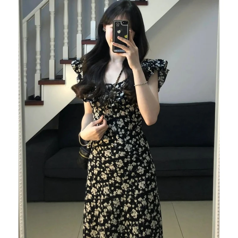 175高个子加长碎花连衣裙女夏季2025新款茶歇复古收腰小飞袖长裙