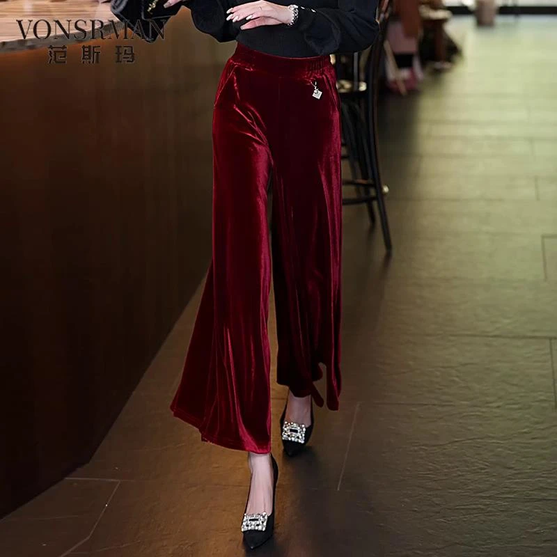丝绒阔腿裤女松紧腰宽松大尺码裙裤2025秋季女新款高腰显瘦休闲裤