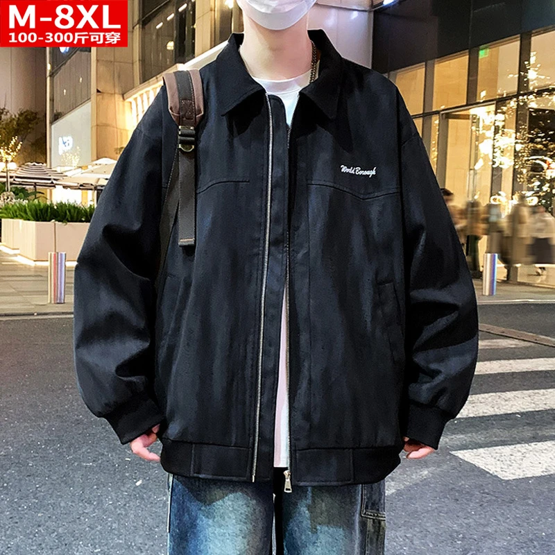 春秋季潮流港风男装时尚印花拼色方领夹克胖大码加肥宽松休闲外套