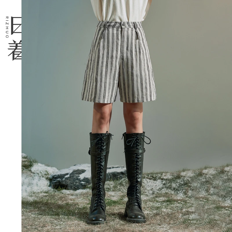 日着拂衣去休闲短裤2025新款夏季a字高腰条纹亚麻裤女士RD2588K0