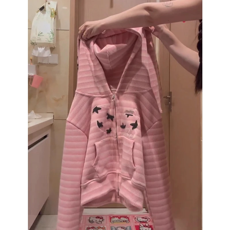 【珂塔芙】甜酷妹条纹兔耳朵星星连帽卫衣女设计感休闲气质短款外套