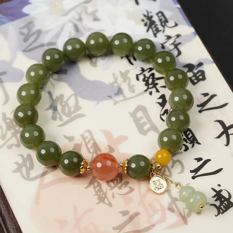 天然和田玉南红圆珠葫芦手链-8773