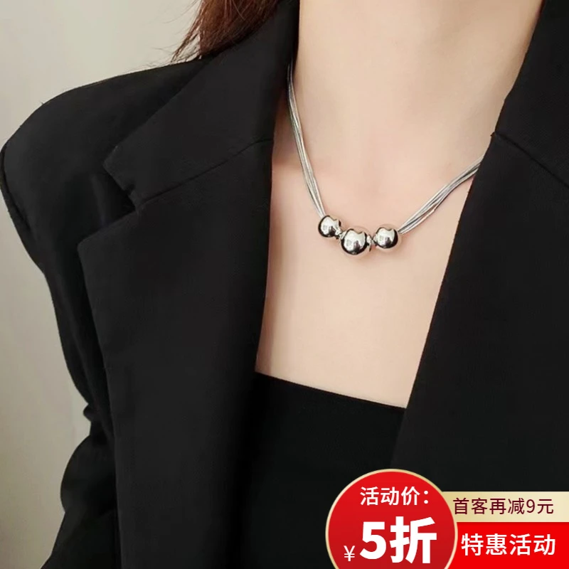 铜合金项链 欧美圆珠几何项链ins冷淡风嘻哈复古多层气质锁骨链女