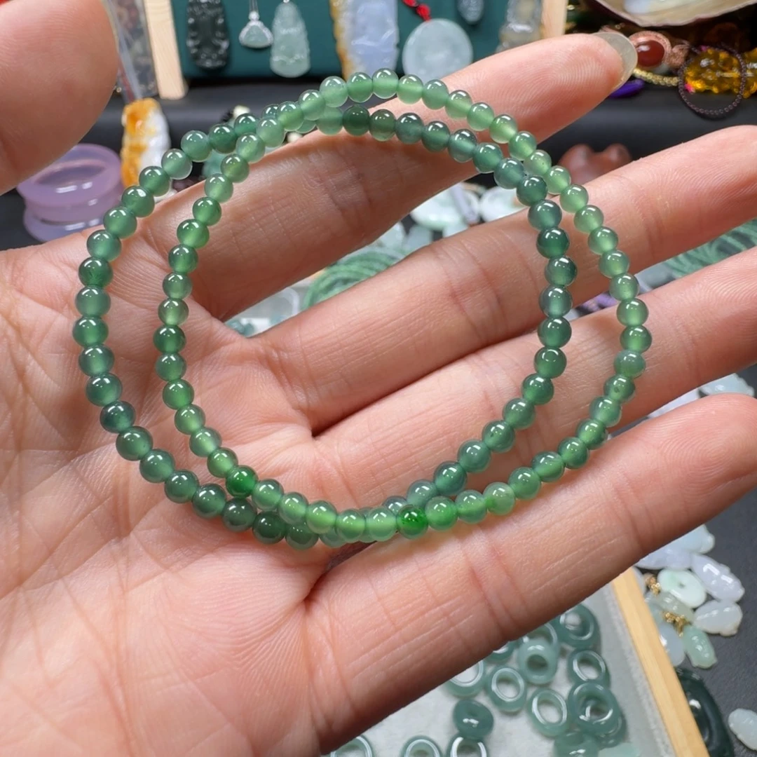 王***作翡翠未镶嵌手串翡翠A货小米珠卡3.7