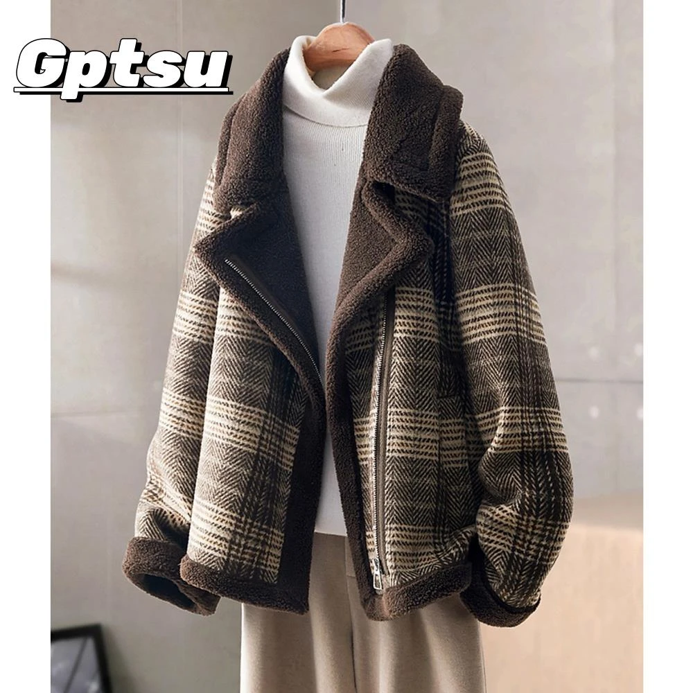 GPTSu羊羔毛绒外套女2025冬新款格子毛呢大衣宽松加厚短款棉衣服