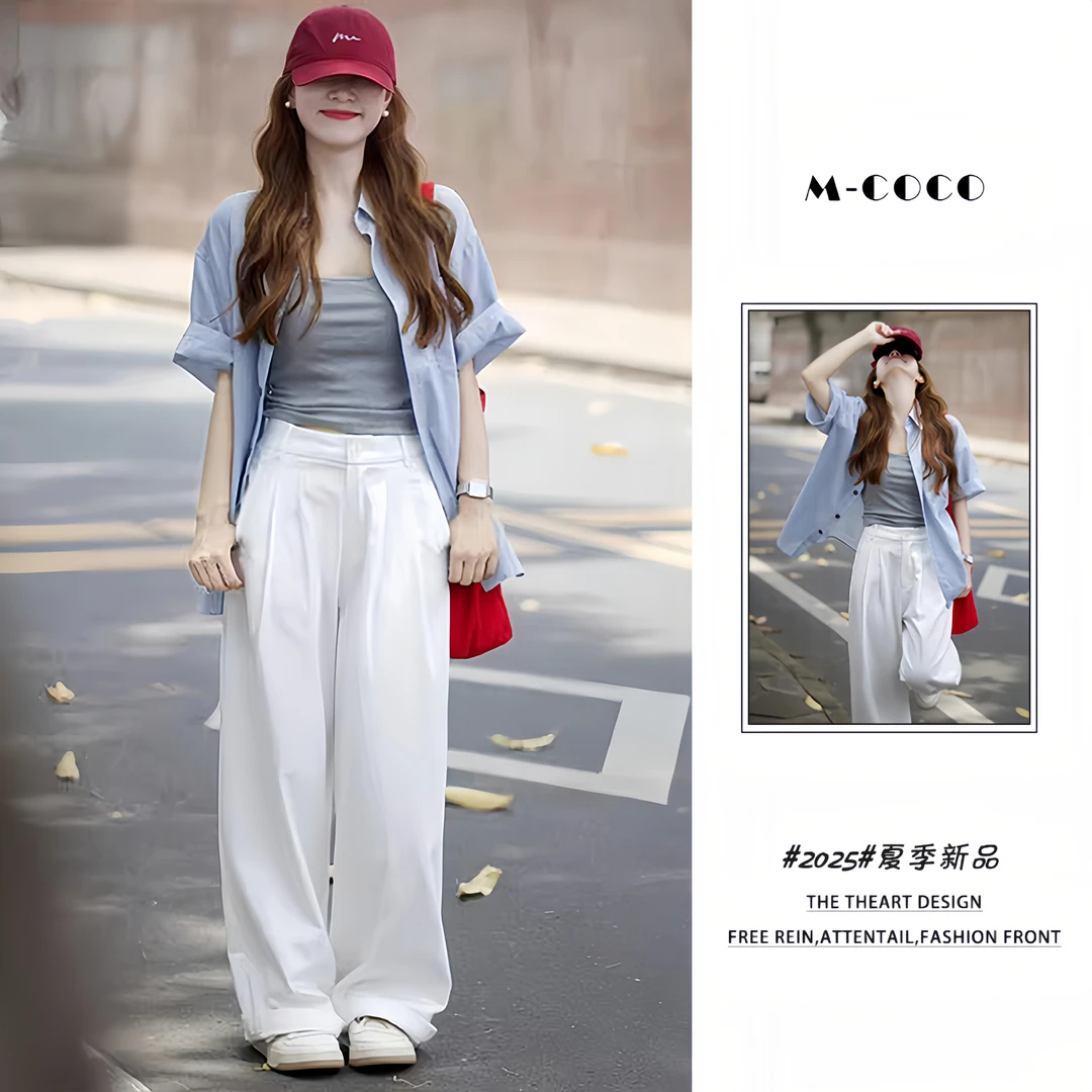 夏日女装韩系减龄穿搭配一整套超火ootd休闲衬衣吊带阔腿裤三件套