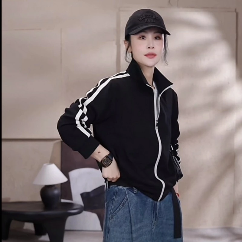 欧货立领拼条外套女2025春季新款宽松休闲百搭减龄运动卫衣开衫潮