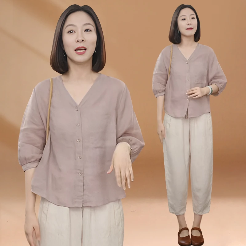 文艺时尚七分袖衬衫女夏季薄款2025新款设计感小众温柔风休闲上衣