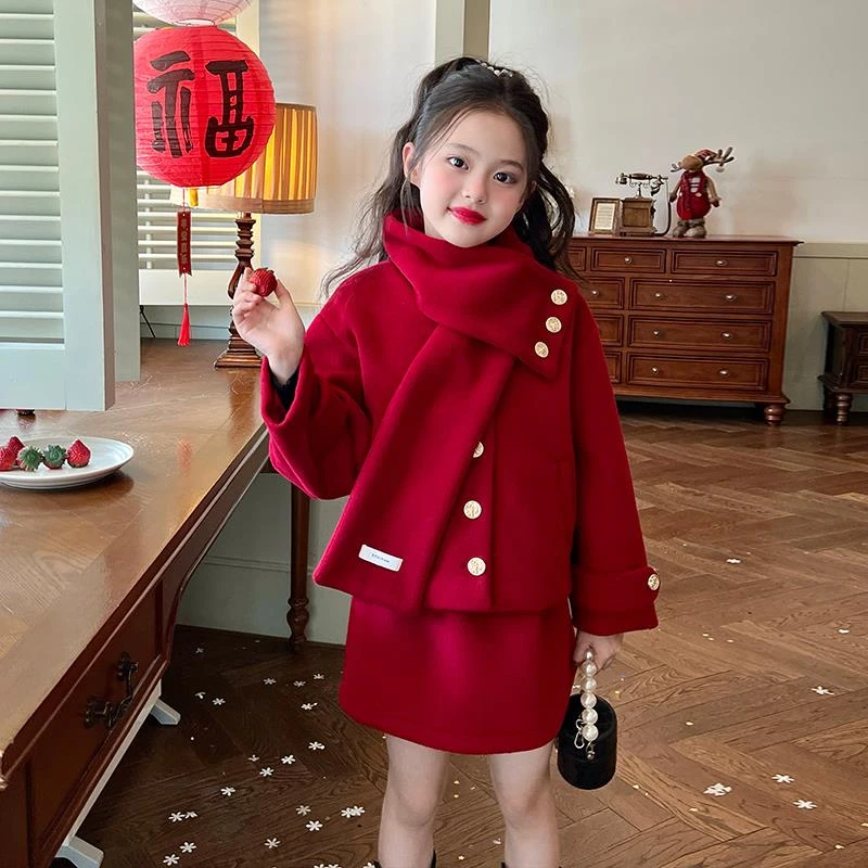 奥莱【品牌撤柜】童装女童红色新年套装冬季儿童宝宝时髦拜年服过年