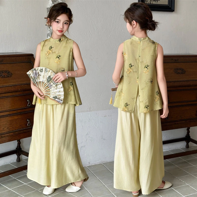 女童2025夏季新款宽松休闲阔腿裤两件套新中式印花无袖背心套装