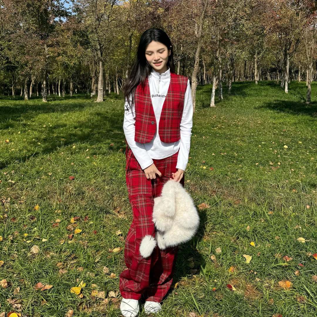 （一）十三姨套装秋季新款百搭时尚网格两件套甲上衣新款宽松潮洋