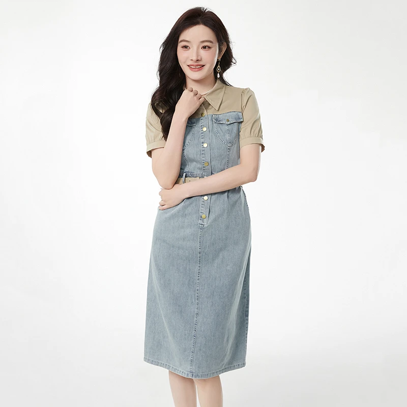 C300拼色牛仔中长裙连衣裙专柜折扣女装2025夏52HH0A0003