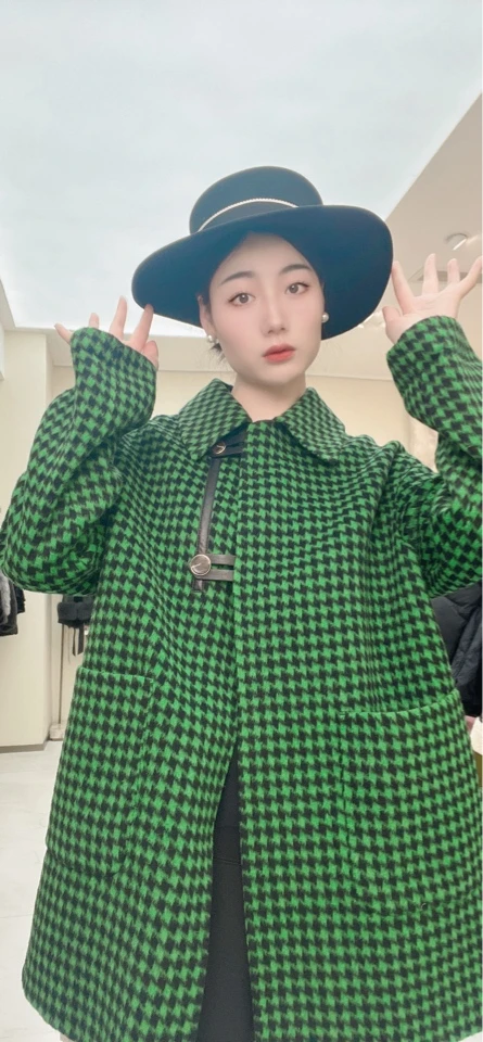 短外套格子千鸟格长款呢子宽松冬季韩版秋冬毛呢外套立领双面