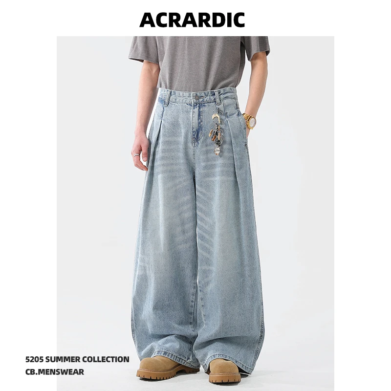 ACRARDIC极简压褶设计感百搭牛仔裤男女美式浅色cleanfit阔腿裤潮