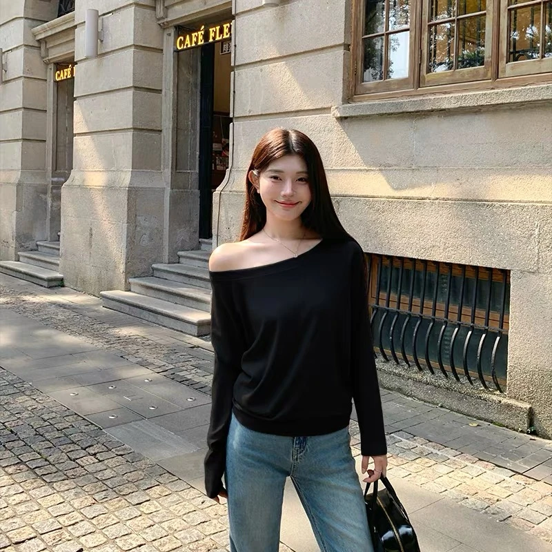 纯棉松弛感一字领斜肩宽松上衣春秋内搭露肩显瘦长袖打底衫T恤女