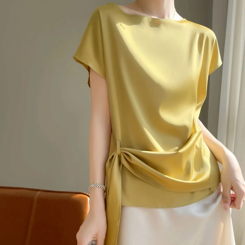 高级感醋酸缎面一字领短袖女纯色大码设计感时尚气质小衫ytm-A35