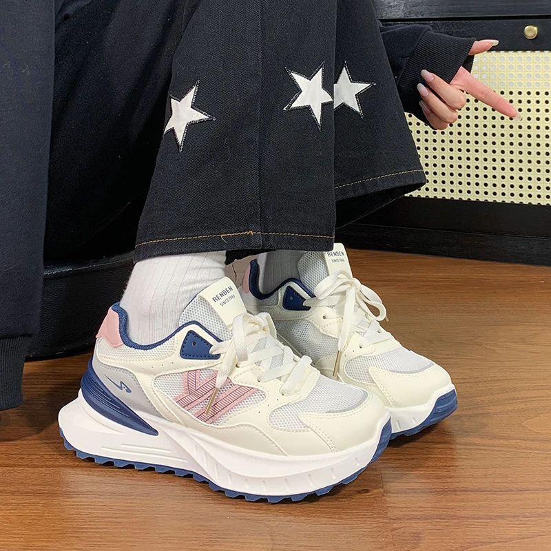 人本薄款单网运动鞋2025夏季新款百搭厚底老爹鞋透气增高休闲女鞋