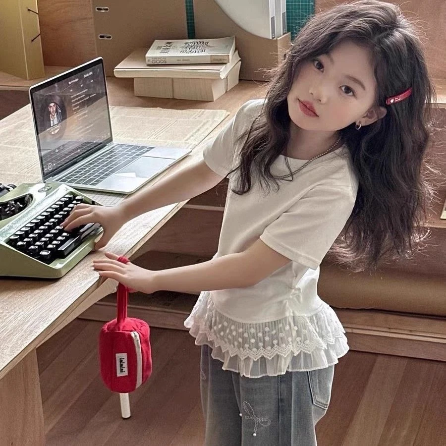 女童短袖t恤2025夏季新款中大儿童白色蕾丝女孩纯色花边打底上衣